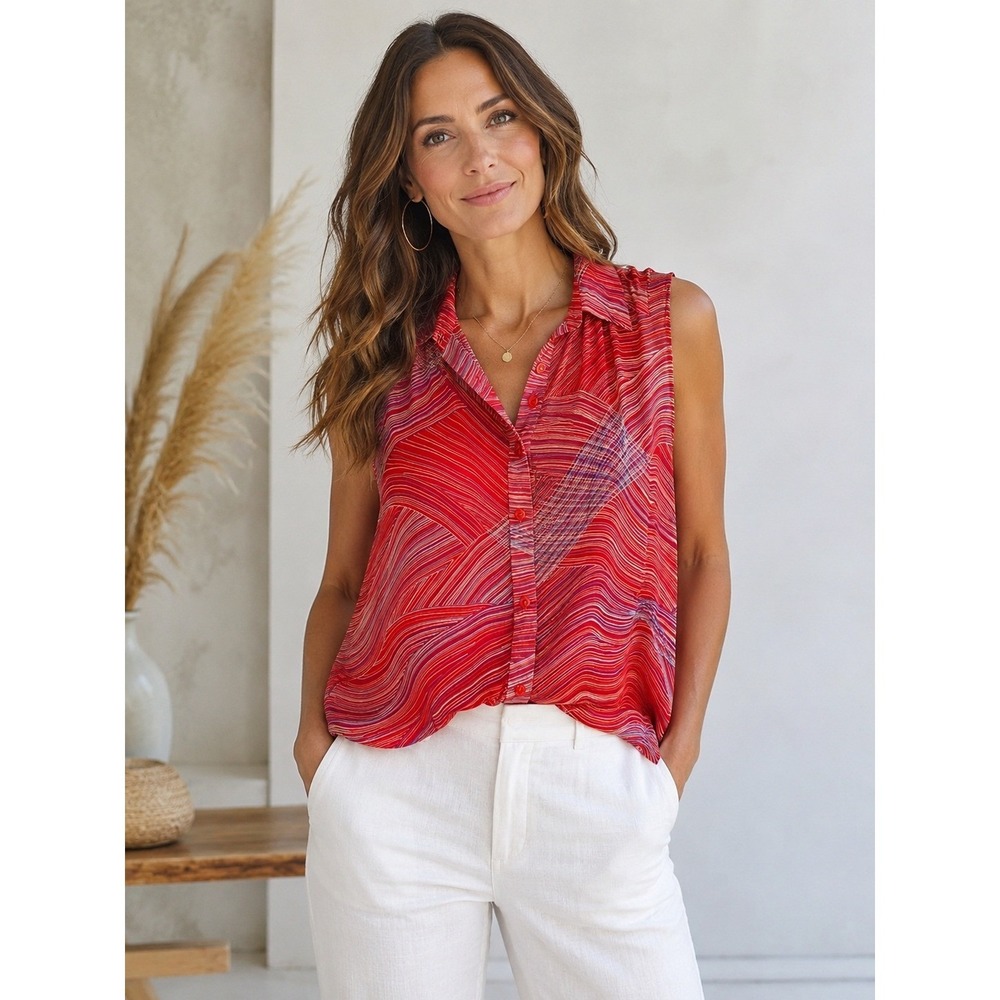 Vintage Silk New York City Design Co. Sleeveless Red Button Front Blouse Size XL